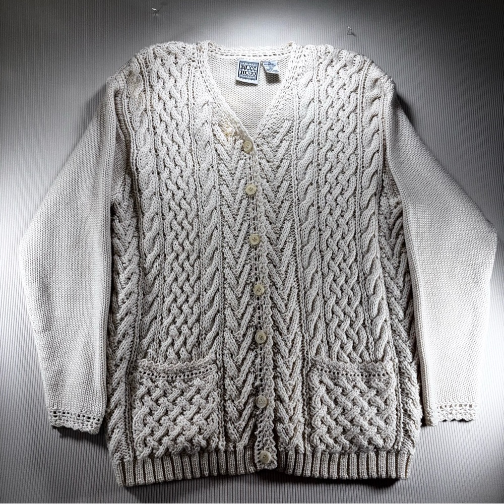 Vintage Russ‎ Cream Knit Wool Blend Cardigan, Cable Knit, Fisherman, Chunky